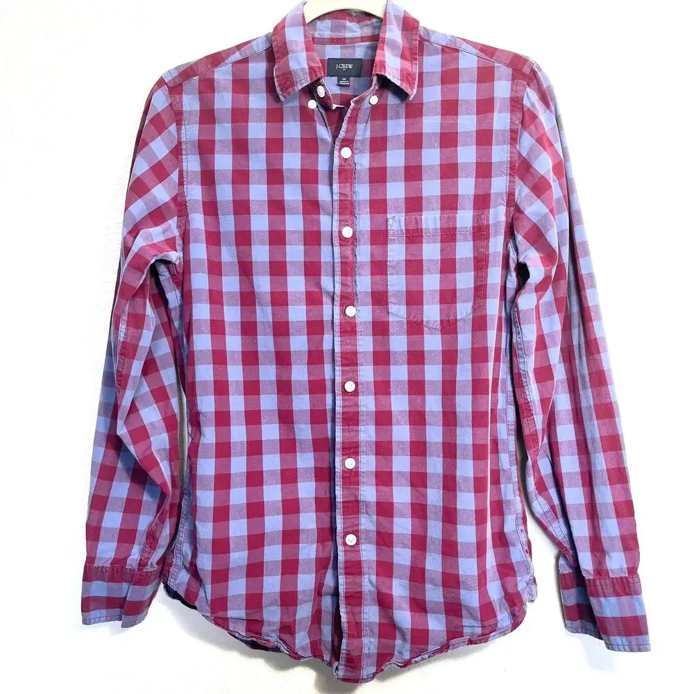 J CREW 100% Cotton Blue Burgundy Gingham Button Down Long Sleeve Shirt Men XS